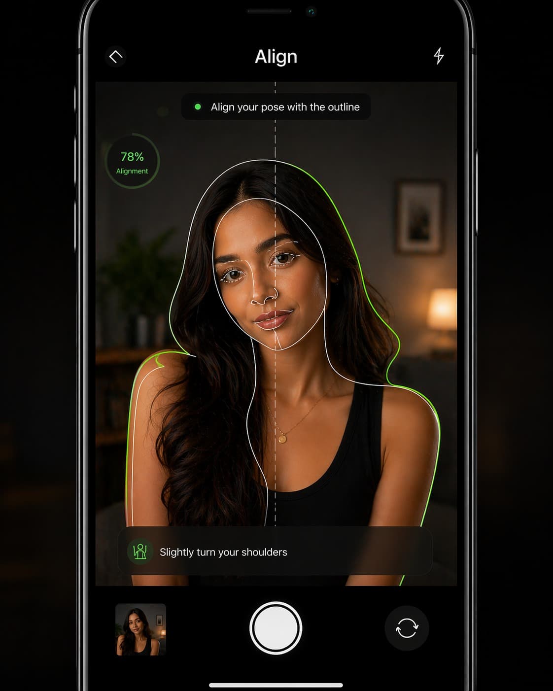 A pose template overlaid on the camera view, with live alignment feedback